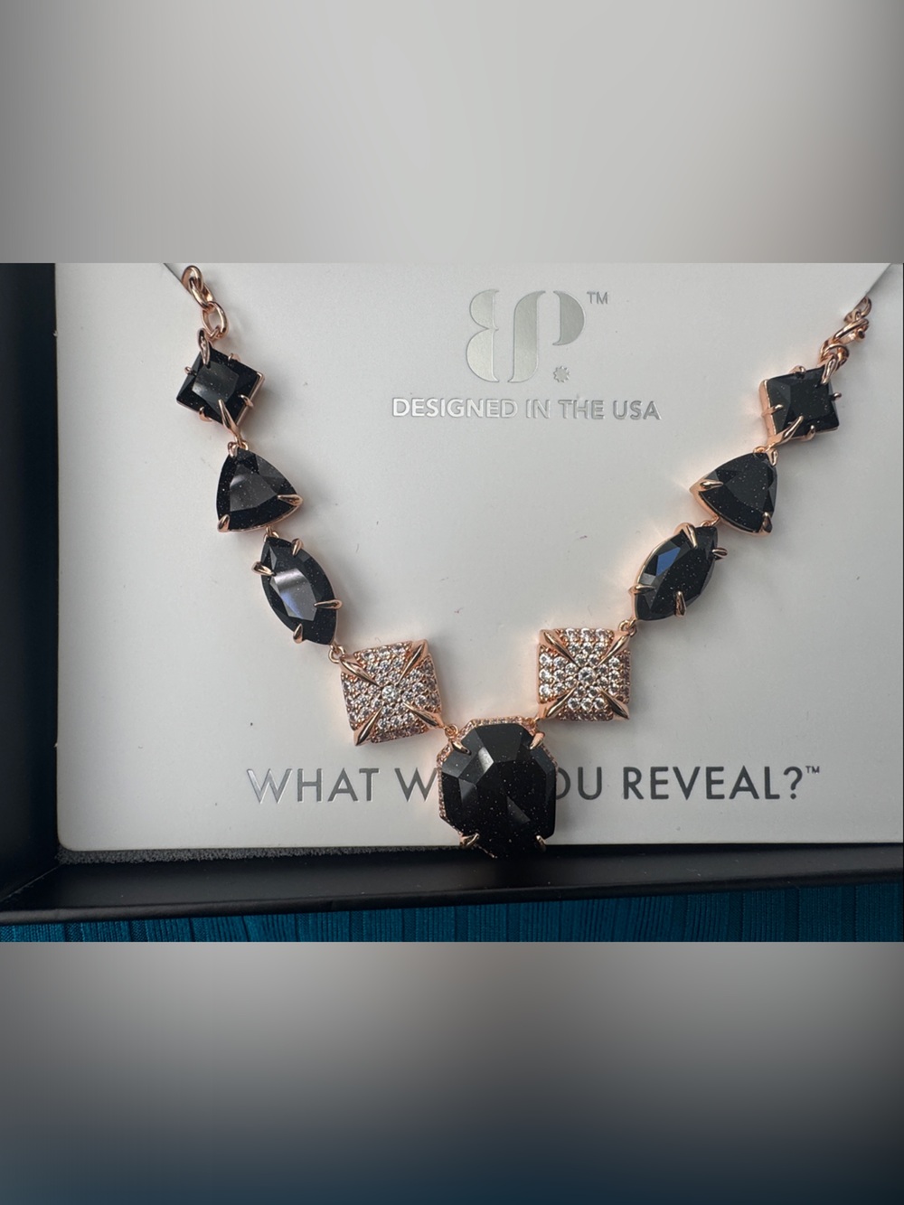 bp Rose Gold Necklace with Black Crystals